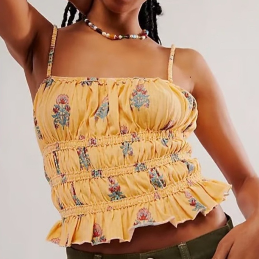 NWOT Free People WE THE FREE DOLCE VITA TANK Yellow Combo Ruched Bodice